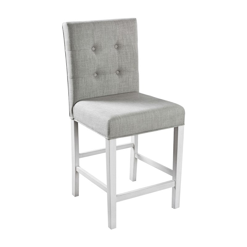 Grey linen tufted counter stool with white wood base