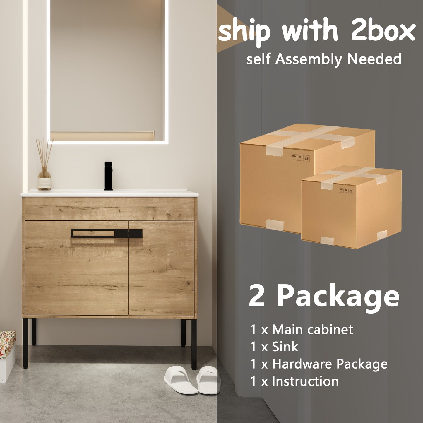 Modern wooden vanity cabinet with black hardware and integrated sink shipped in  boxes