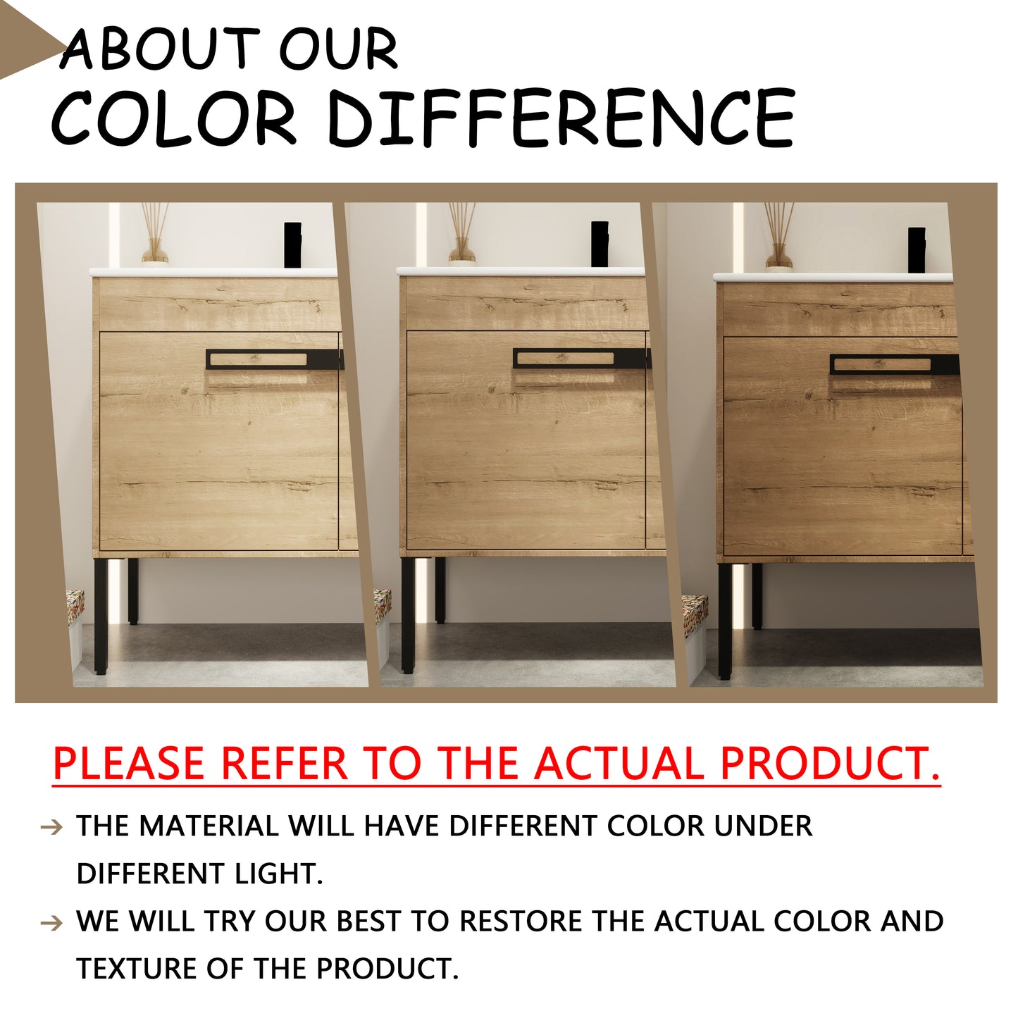 Modern wood vanity cabinet with minimalist black hardware and dark metal legs