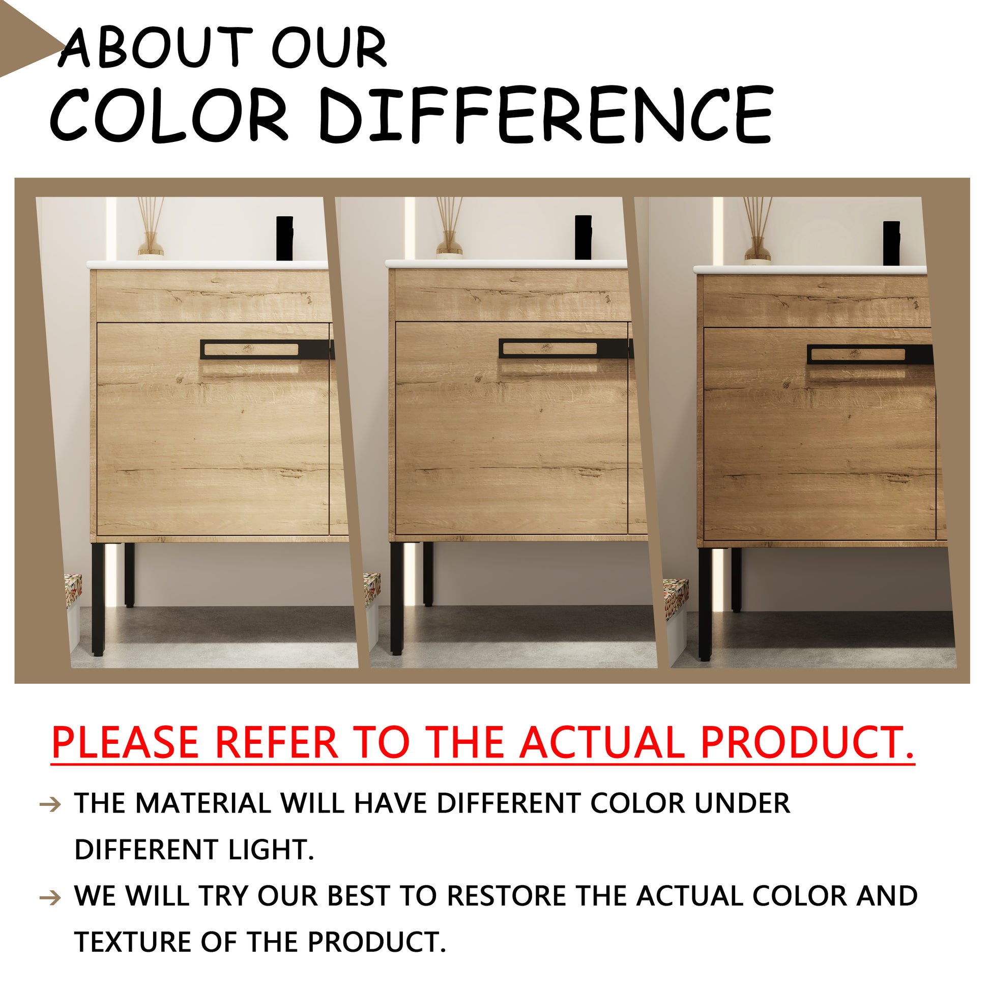 Modern wood vanity cabinet with minimalist black hardware and dark metal legs