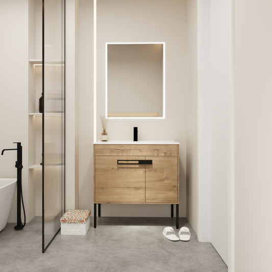 Modern oak bathroom vanity with black hardware and integrated LED mirror for a sleek look