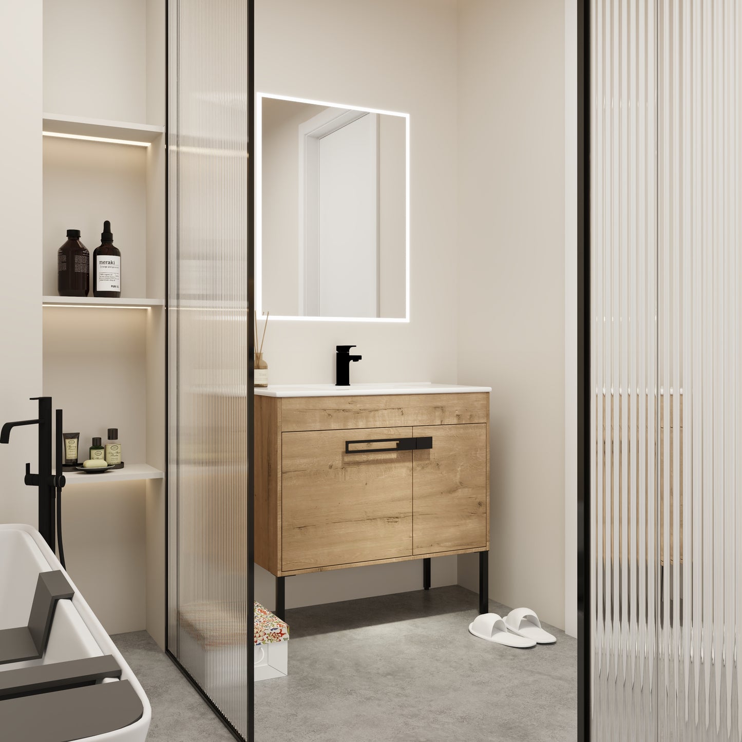 Modern oak bathroom vanity with black handle featuring two doors and clean lines
