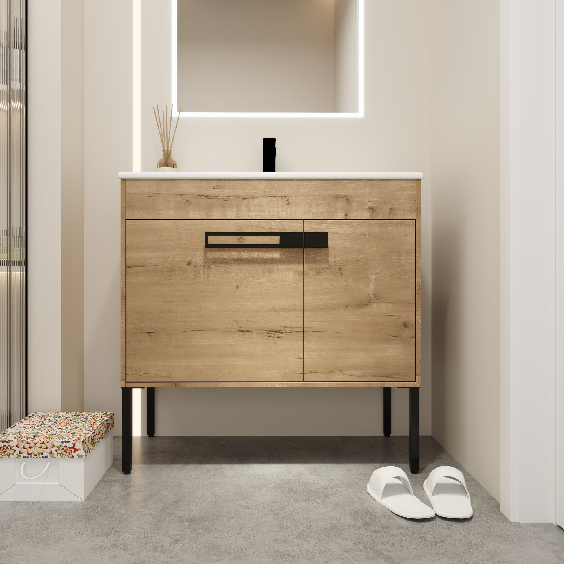 Modern oak veneer vanity with black metal legs and modern hardware