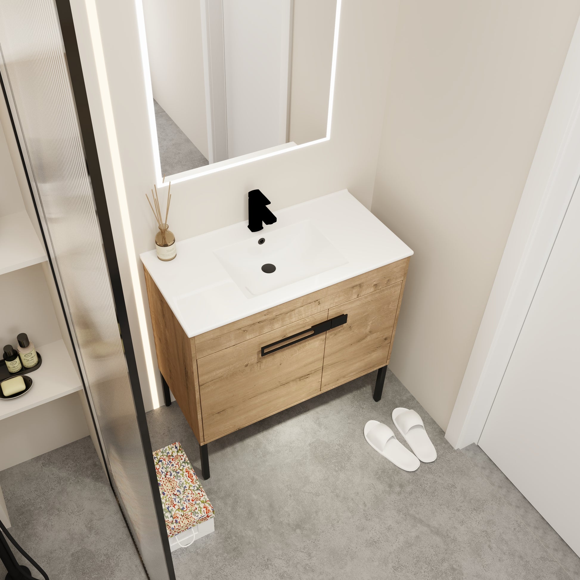 Modern oak bathroom vanity with white integrated sink and black faucet