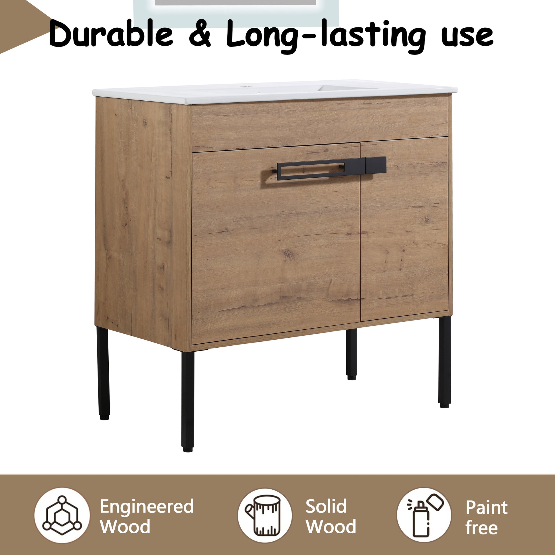 Modern oak veneer bathroom vanity with black metal legs and drawer pull