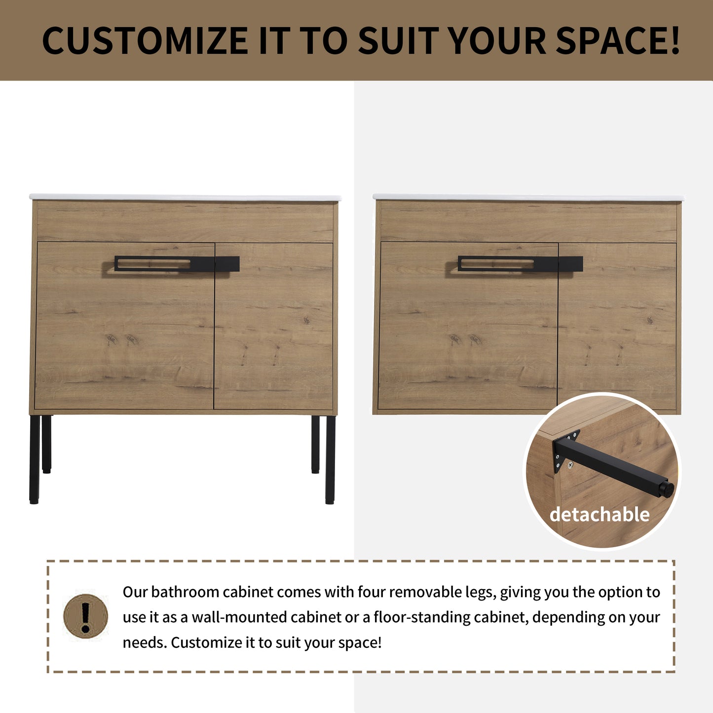 Light oak bathroom vanity with black handles shown freestanding on black legs