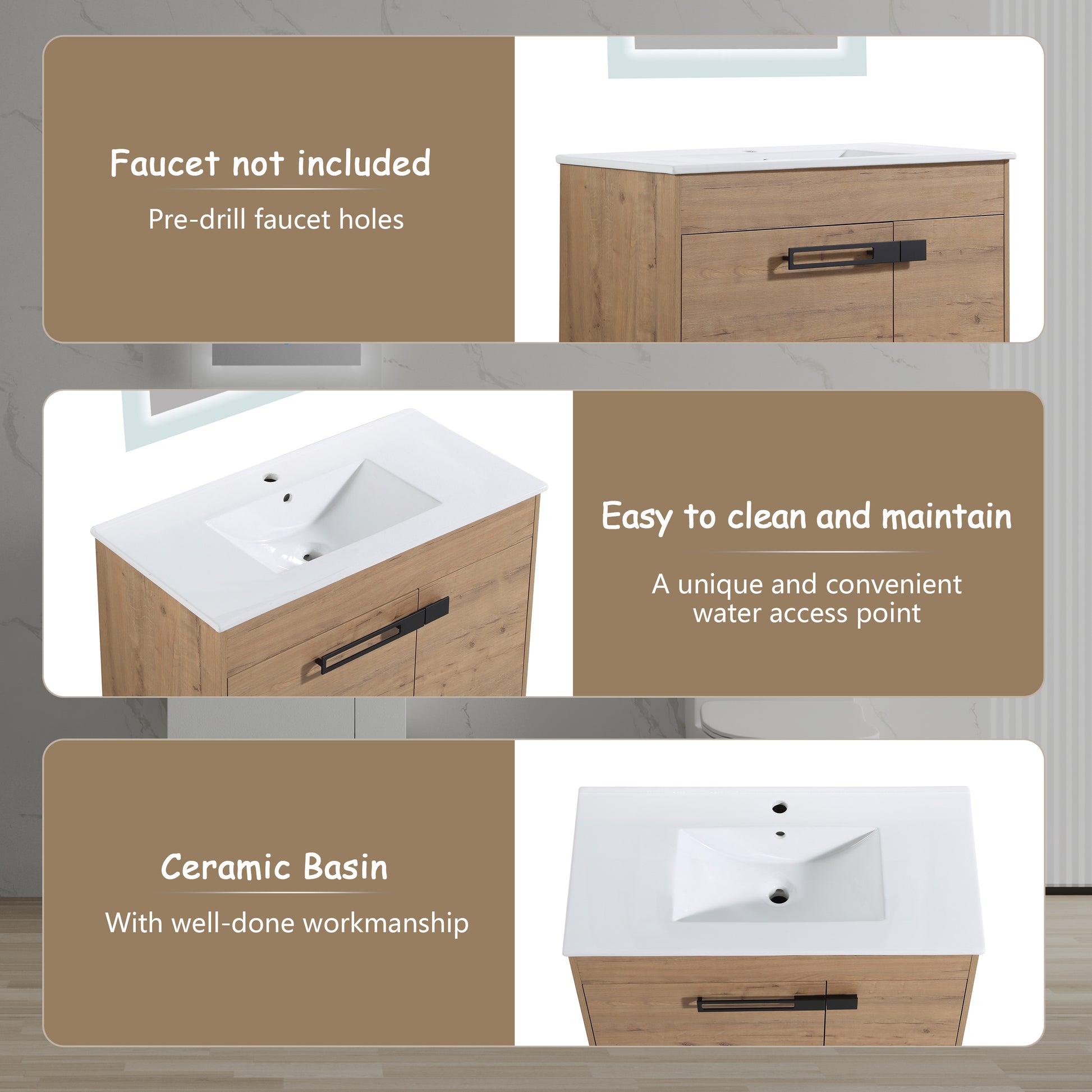 Wooden bathroom vanity with predrilled faucet holes