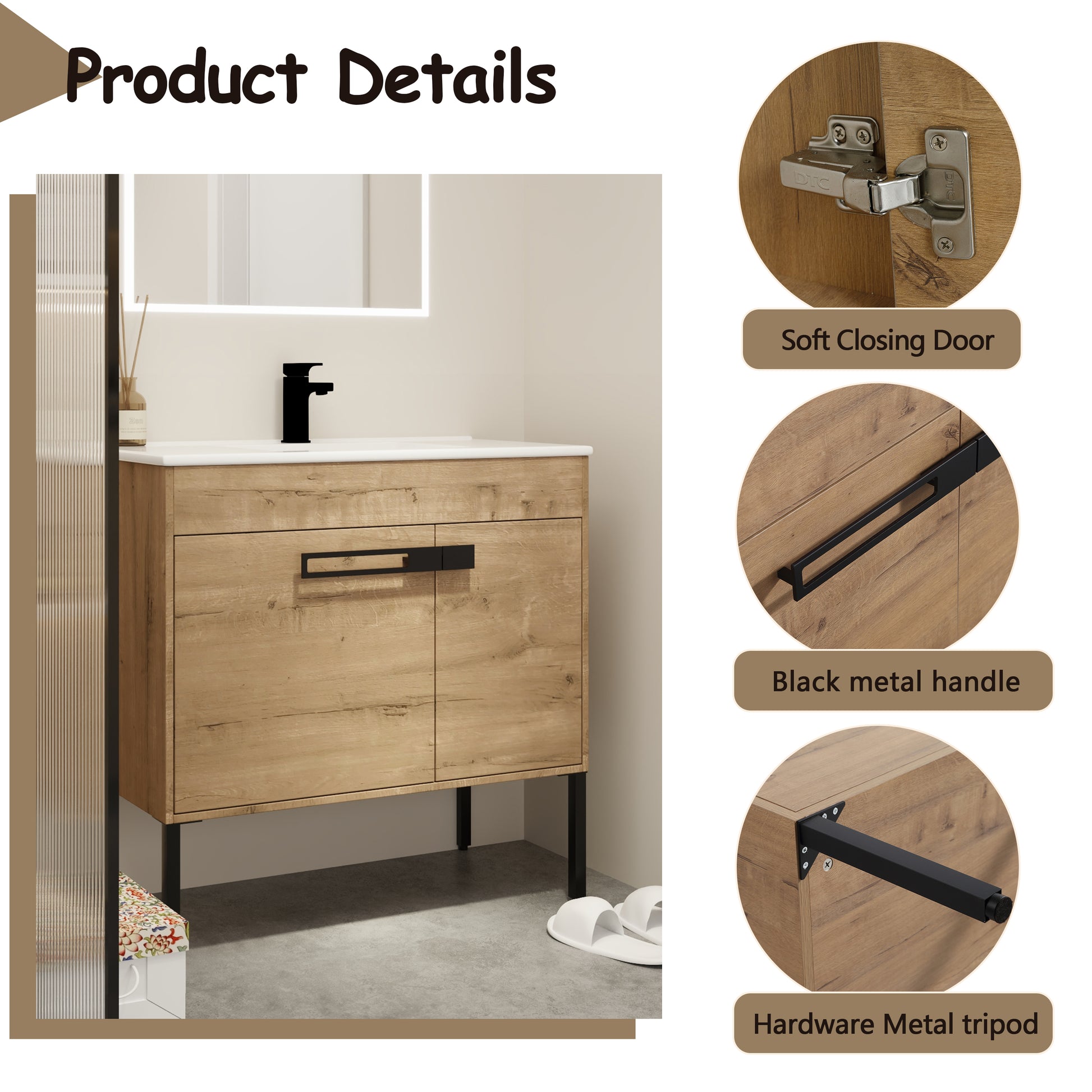 Light oak bathroom vanity with black metal handle and soft closing door