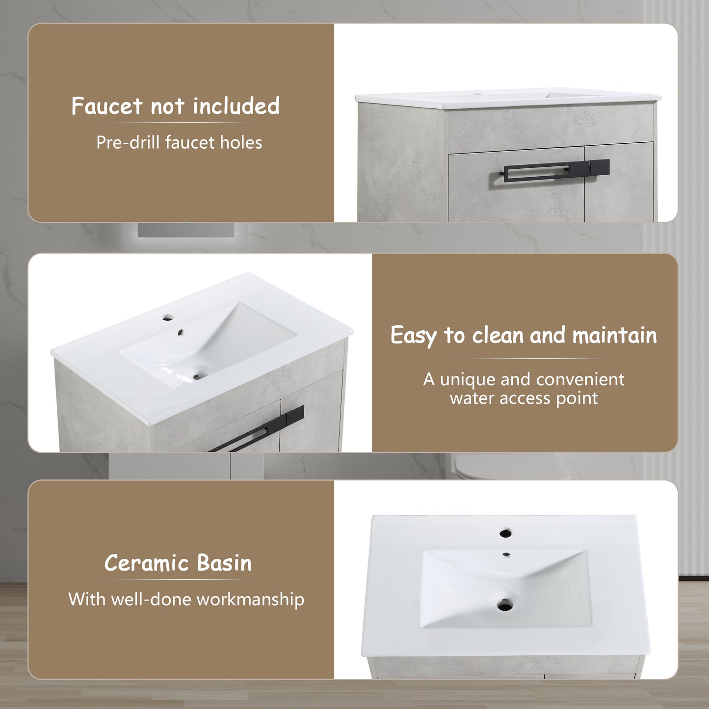 Concretelook vanity cabinet with black handle predrilled faucet holes