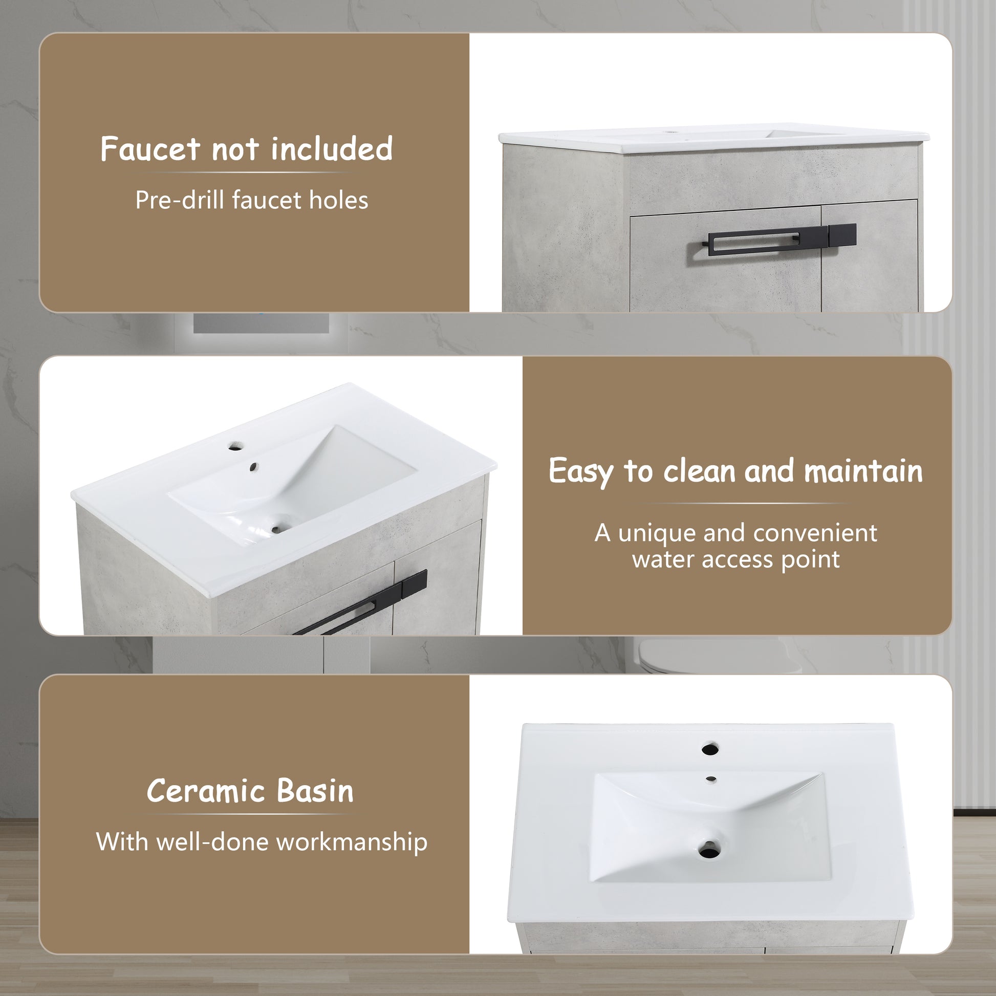 Concretelook vanity cabinet with black handle predrilled faucet holes