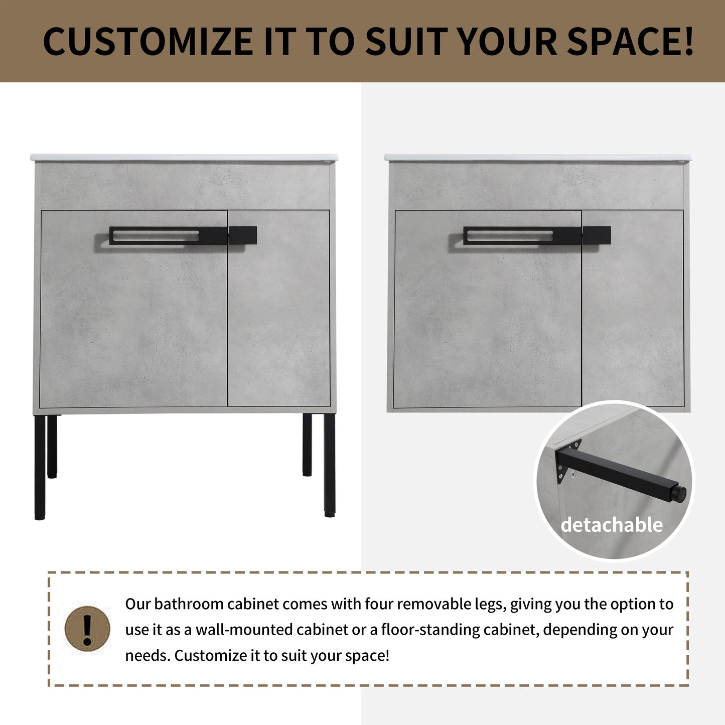 Gray concretelook bathroom vanity with black modern handles floorstanding