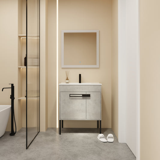 Modern concretelook bathroom vanity with black hardware clean lines and ample storage