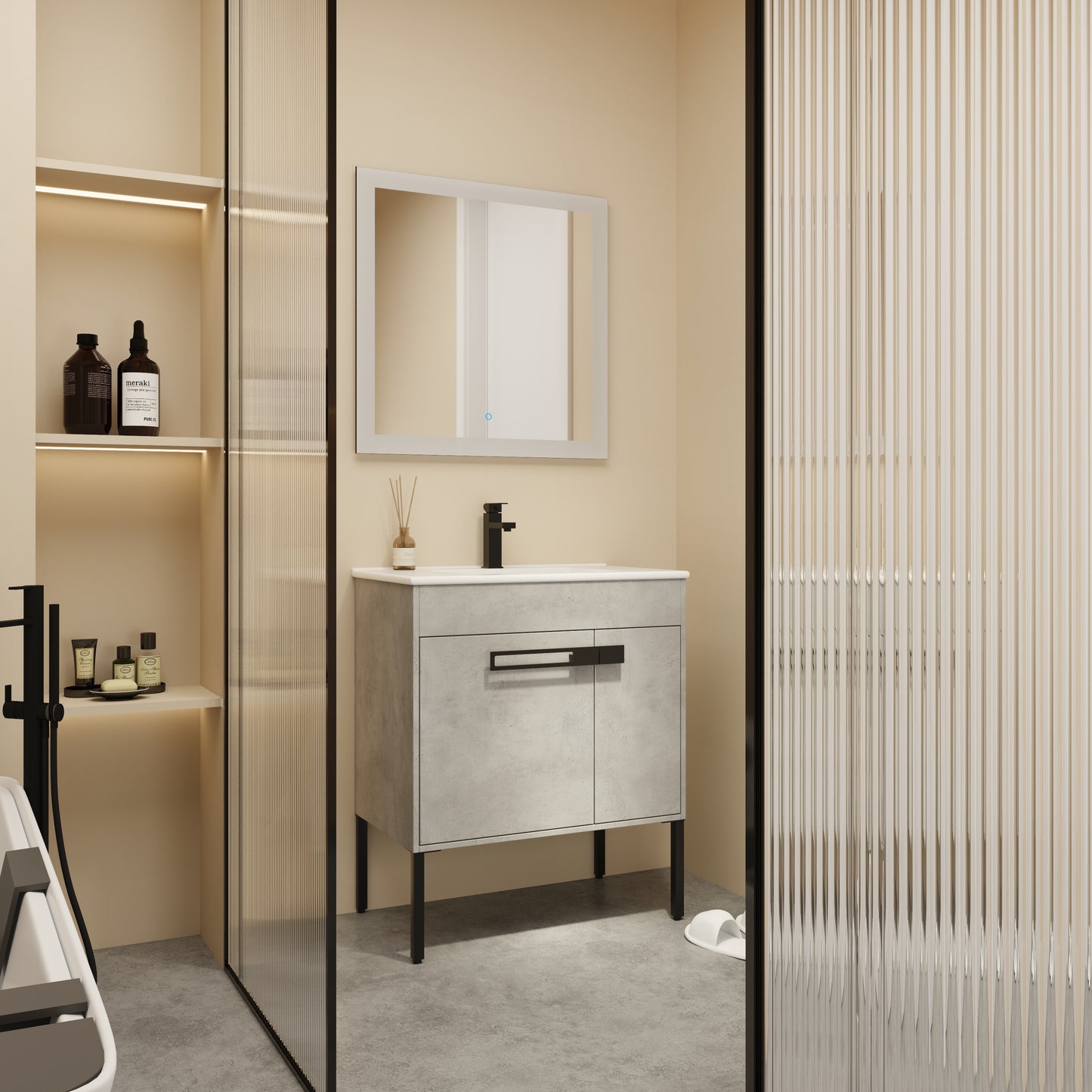 Modern grey concrete bathroom vanity with black hardware and chrome faucet