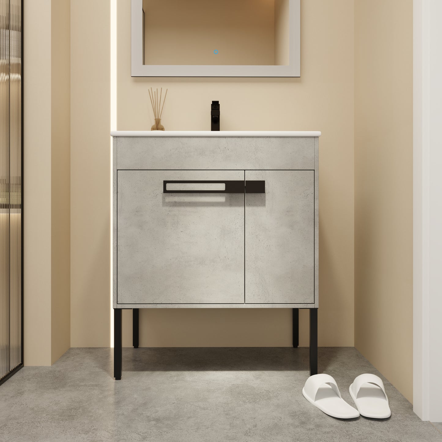 Modern grey concrete bathroom vanity with black hardware and metal legs
