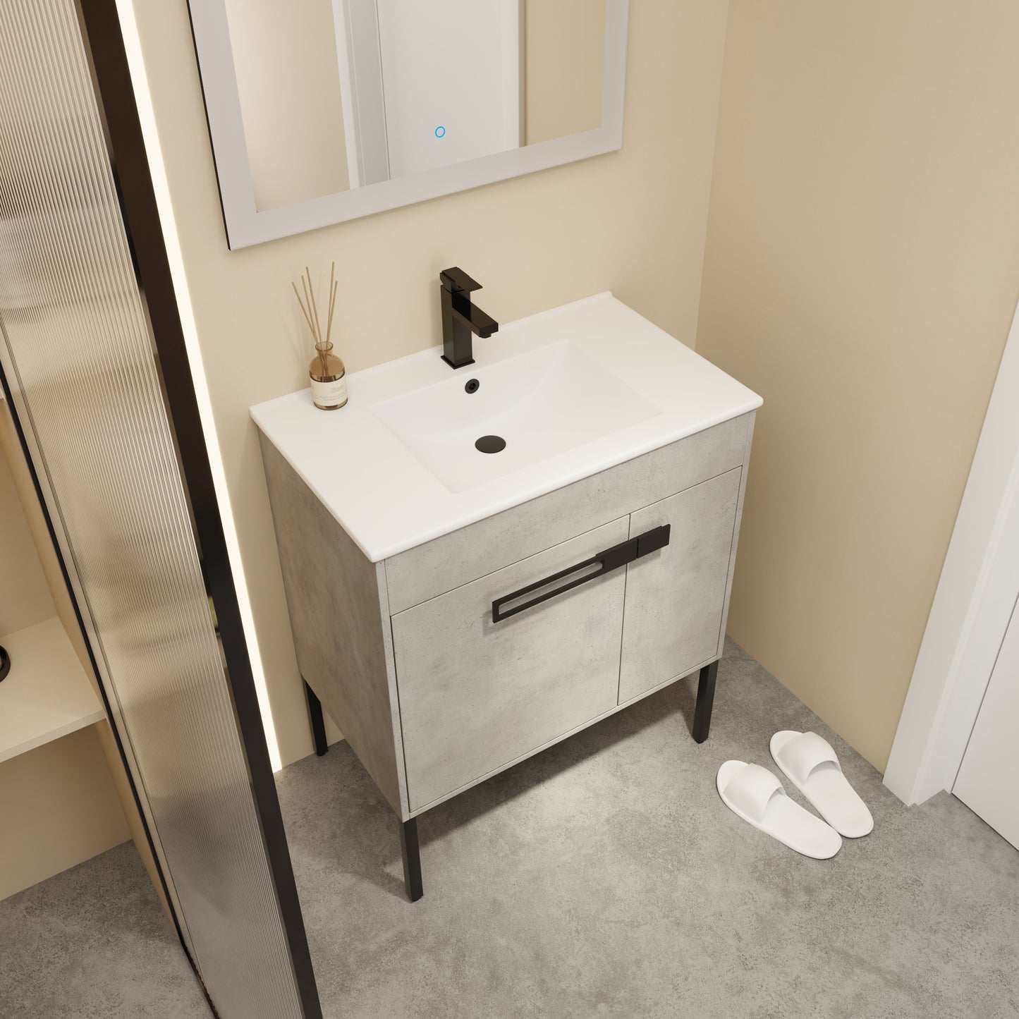 Modern grey concrete bathroom vanity with black faucet and minimalist handles