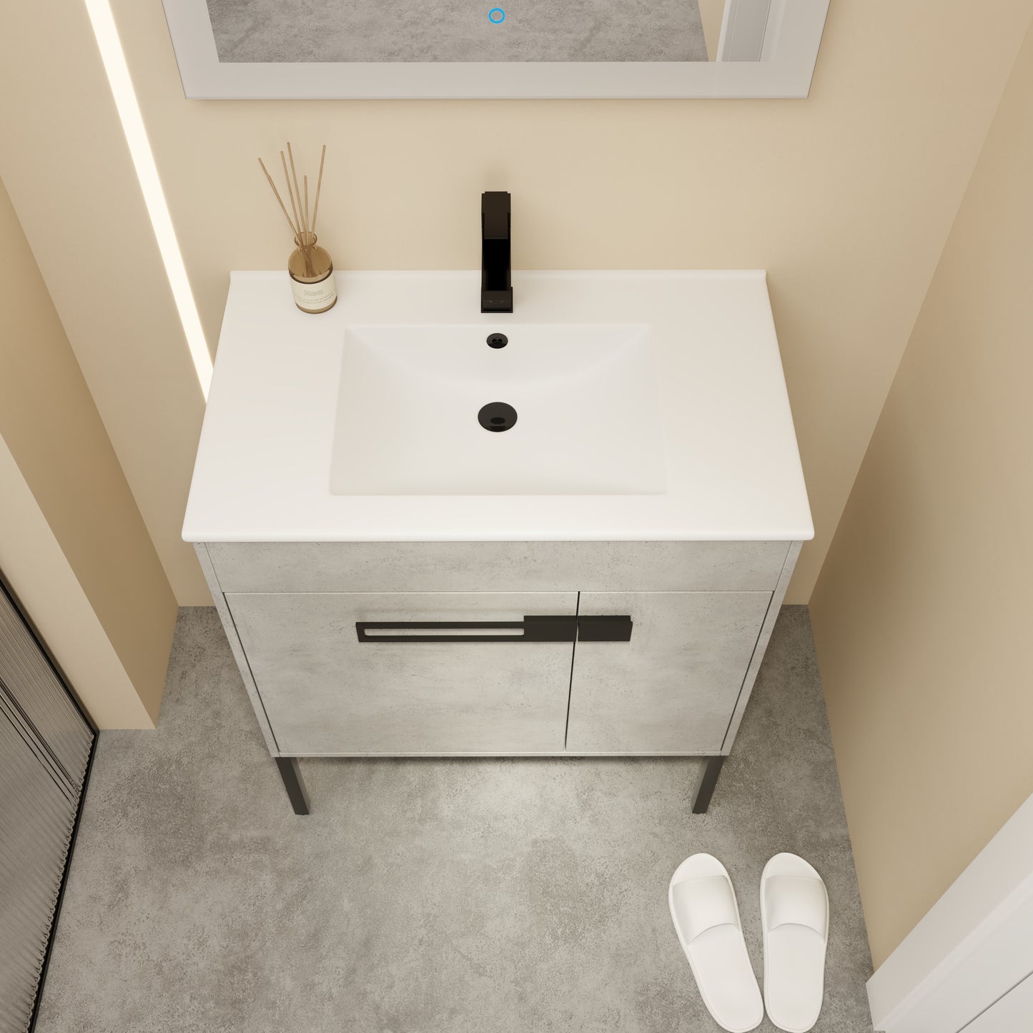 Modern concrete vanity with white undermount sink and matte black faucet
