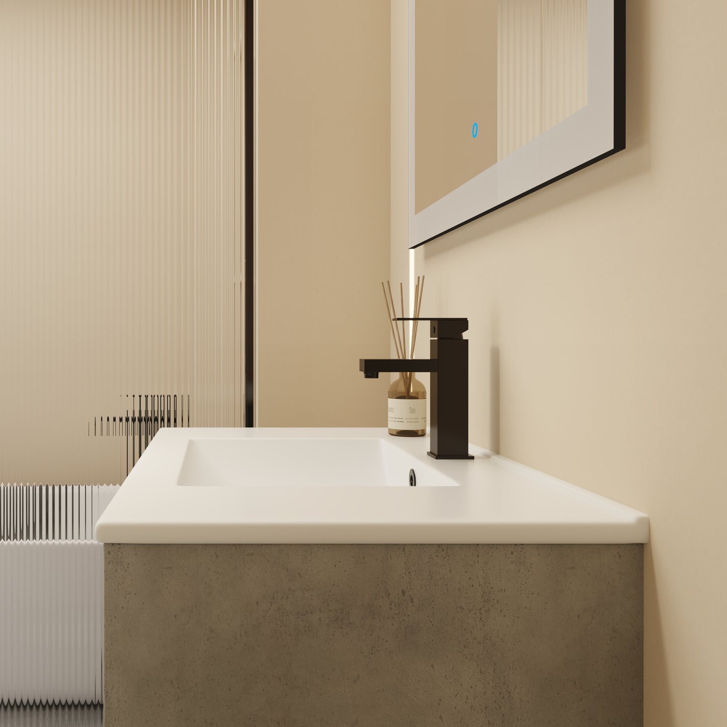 Modern matte black bathroom faucet with a minimalist design on a white sink basin