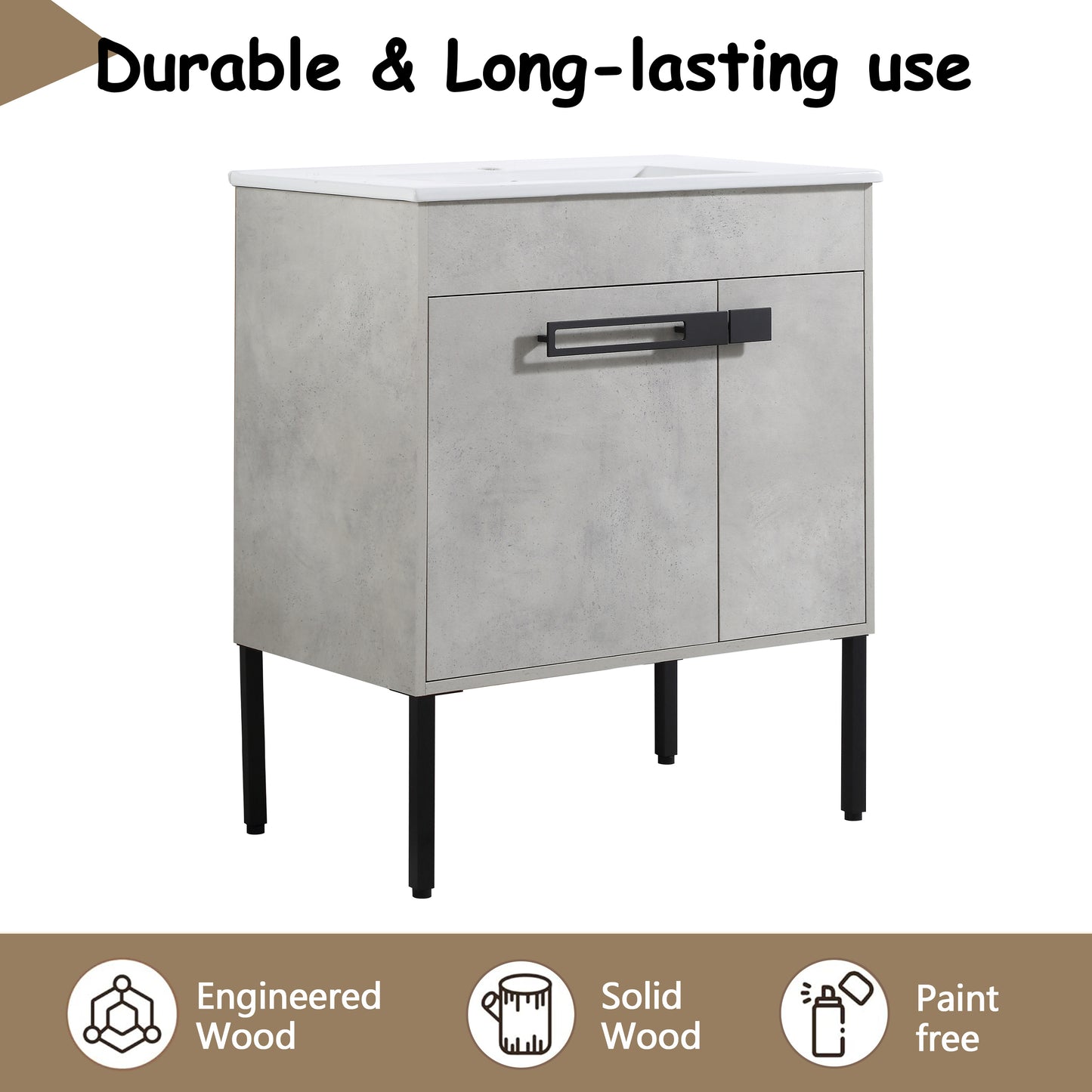 Modern grey engineered wood vanity with black metal legs and handle