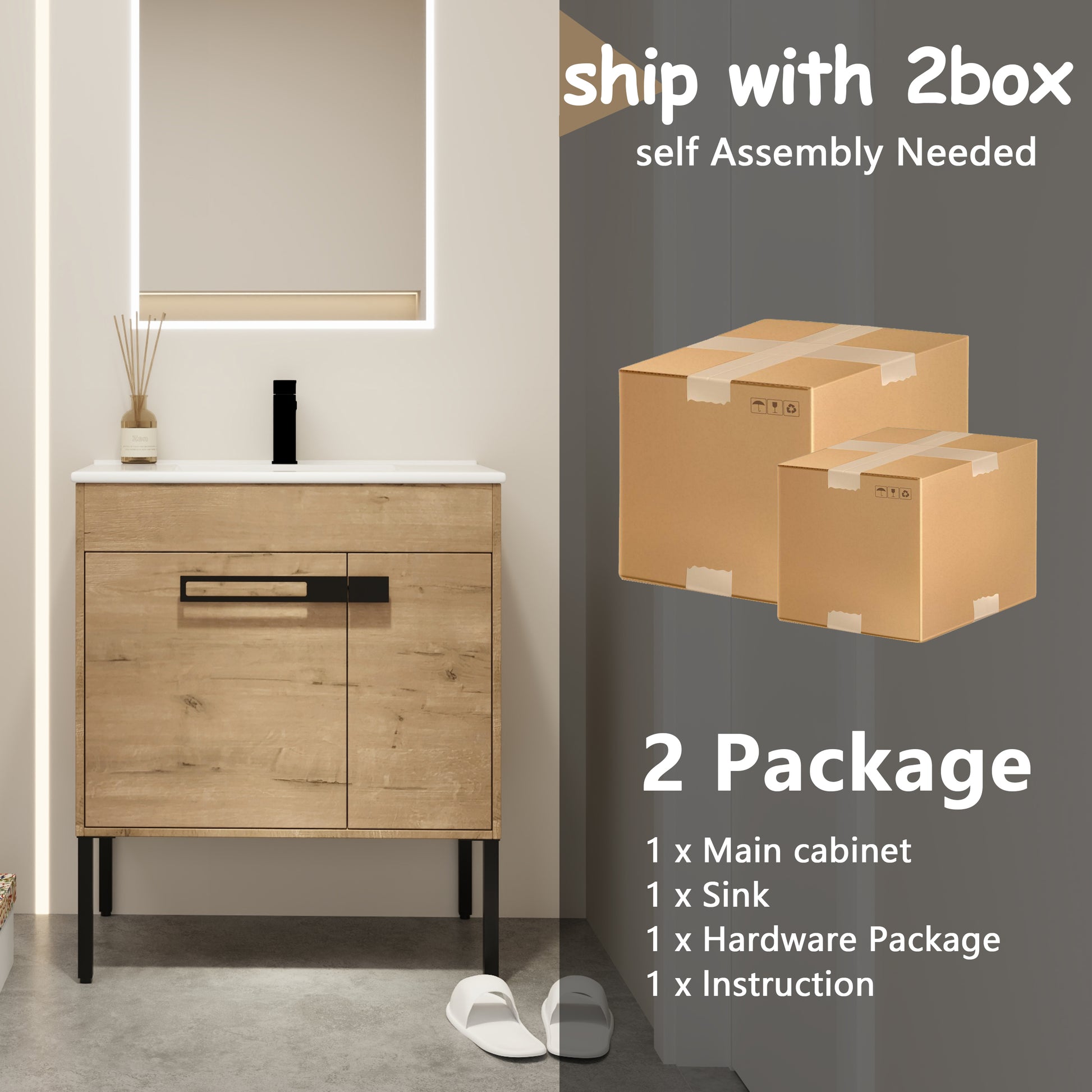 Light oak finish bathroom vanity with black hardware ship with  boxes selfassembly needed