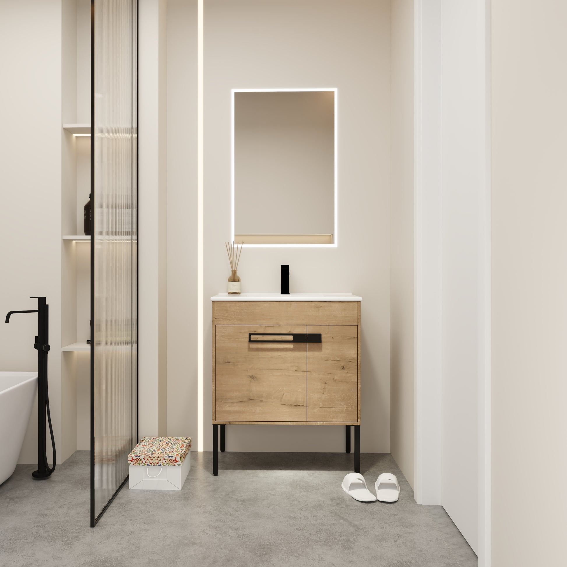 Modern woodeffect bathroom vanity with sleek black handle and integrated sink ideal for contemporary bathrooms