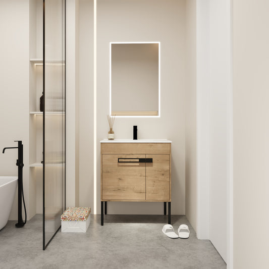 Modern woodeffect bathroom vanity with sleek black handle and integrated sink ideal for contemporary bathrooms