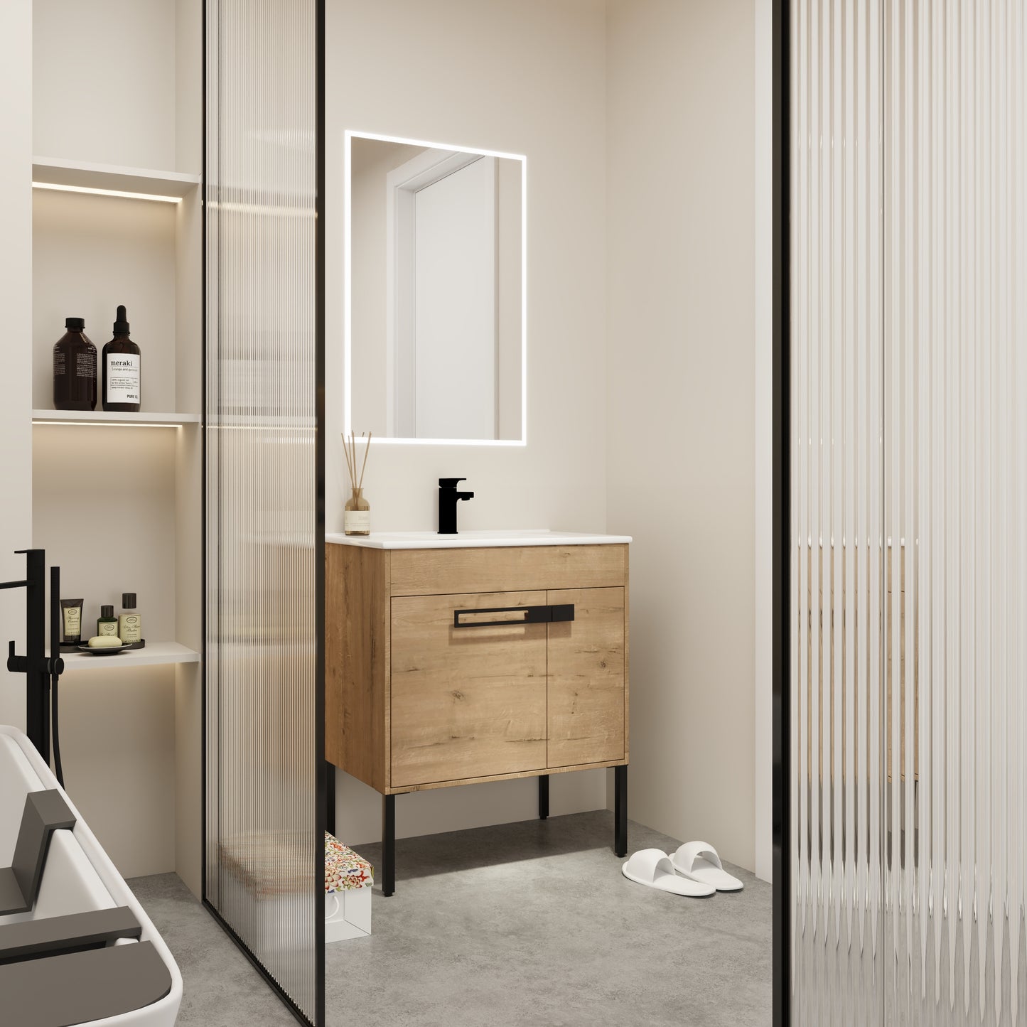 Modern oak bathroom vanity with black hardware and integrated sink ideal for small bathrooms