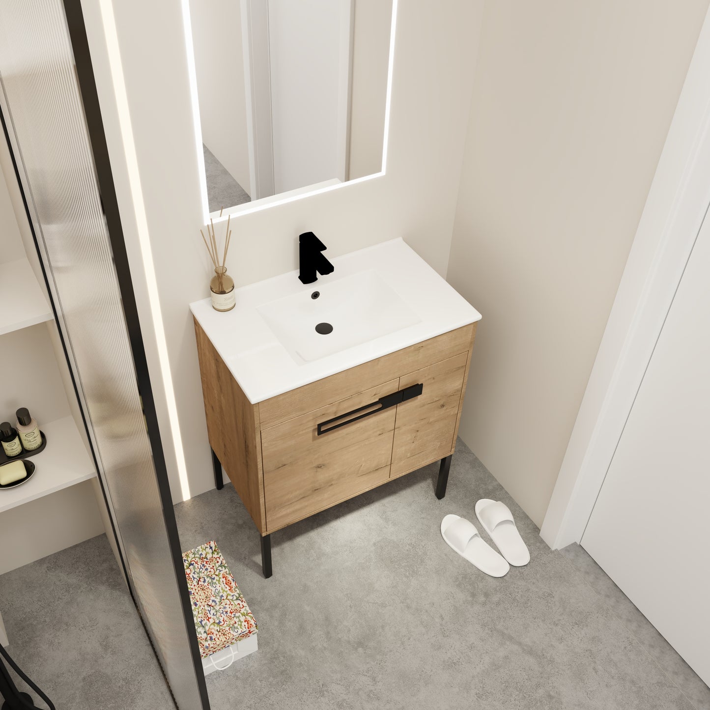 Modern oak vanity with black faucet and white countertop perfect for contemporary bathrooms