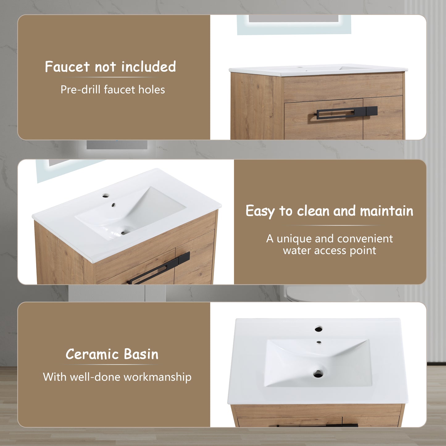 Wooden vanity cabinet with white ceramic basin faucet holes predrilled