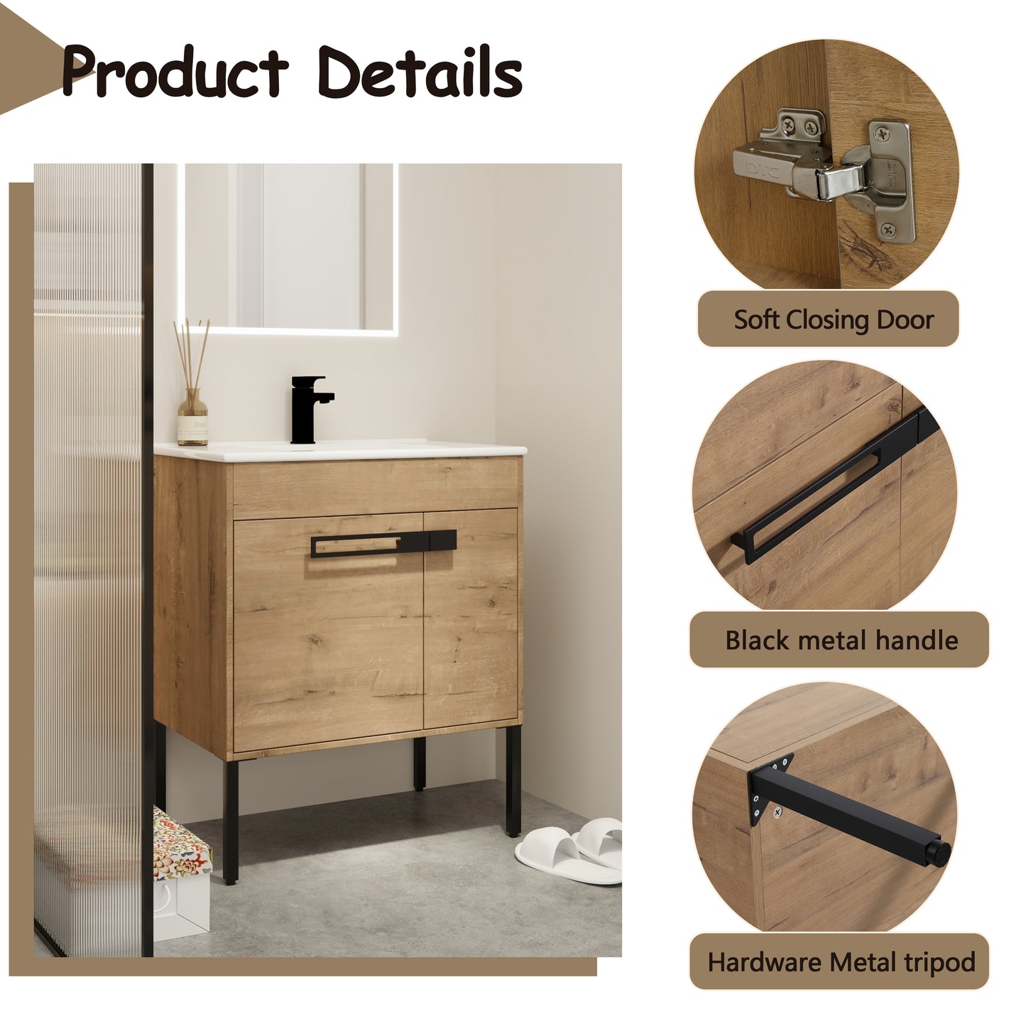 Wooden vanity with soft closing door hinges and black metal handle
