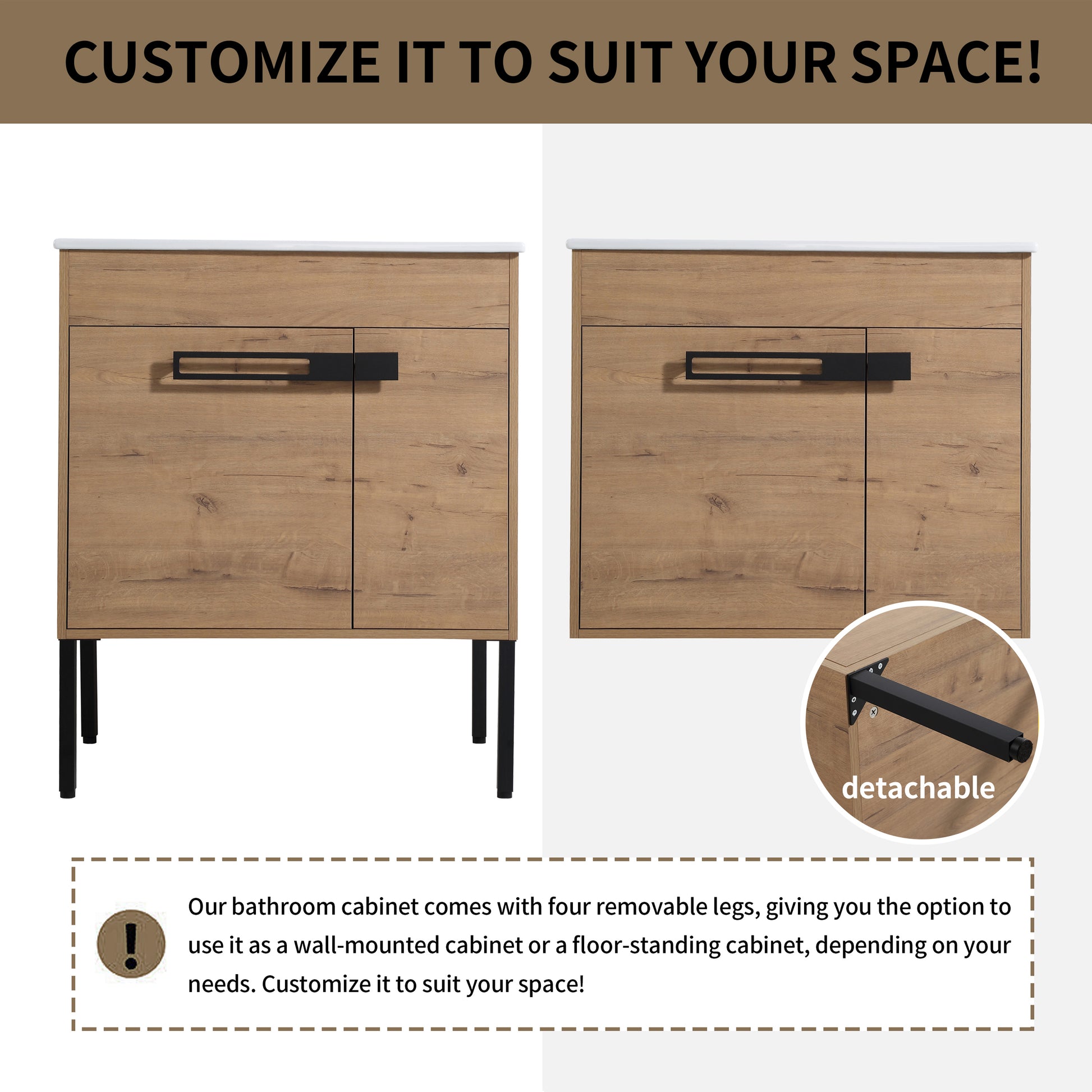 Wooden bathroom cabinet with black legs floorstanding option shown