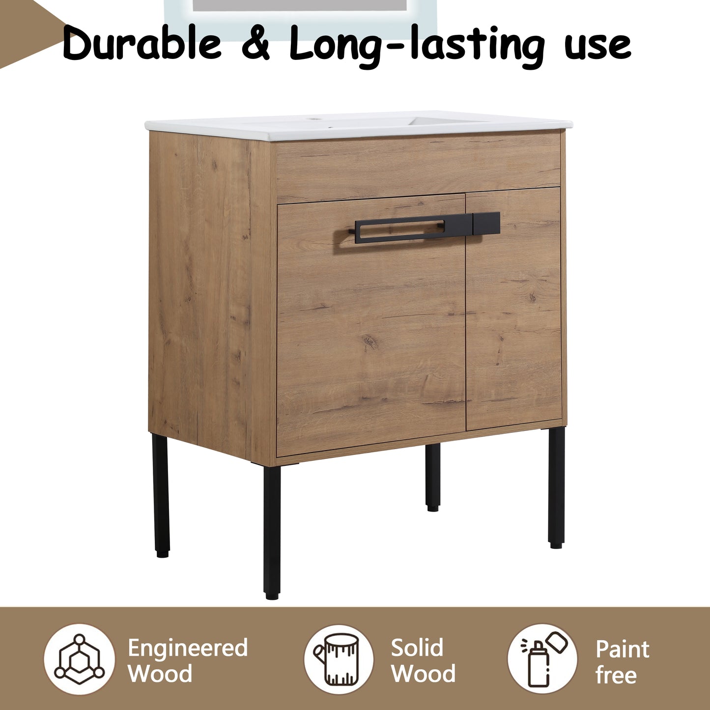 Modern oak vanity with black handles and legs a white sink top