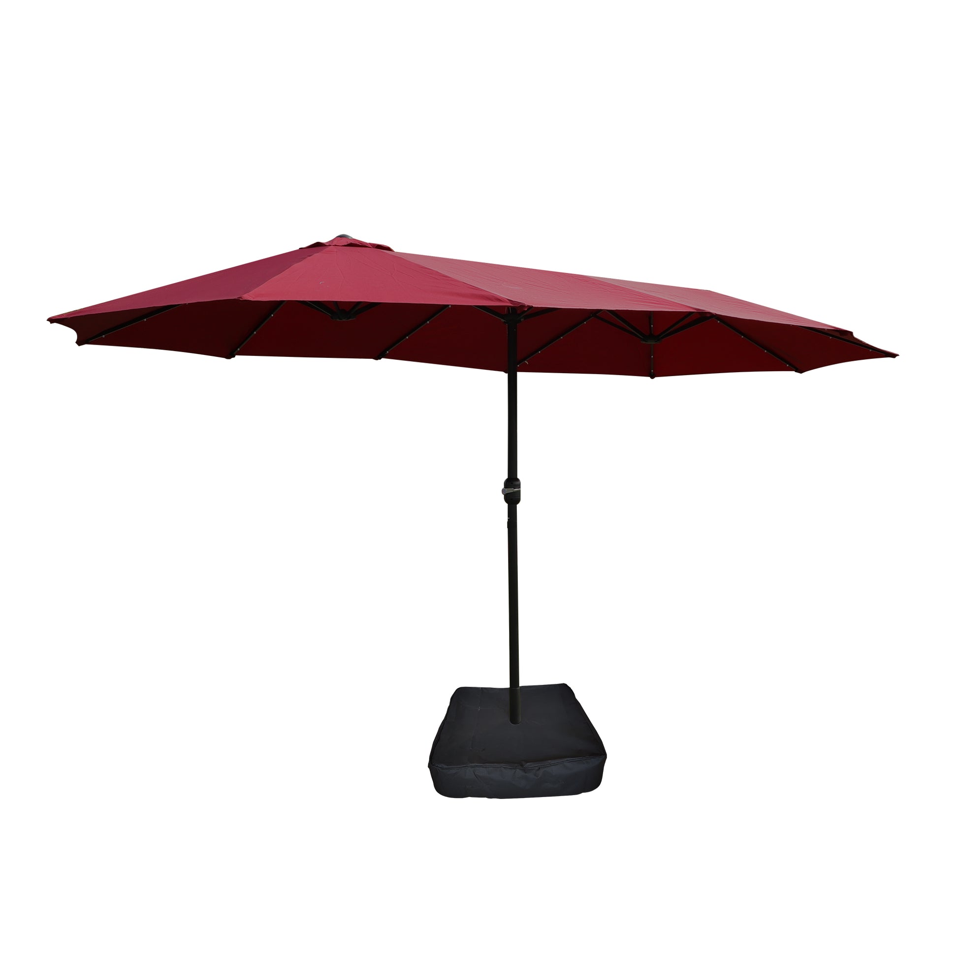 Rectangular patio umbrella in burgundy featuring a black pole and weighted base for outdoor shade