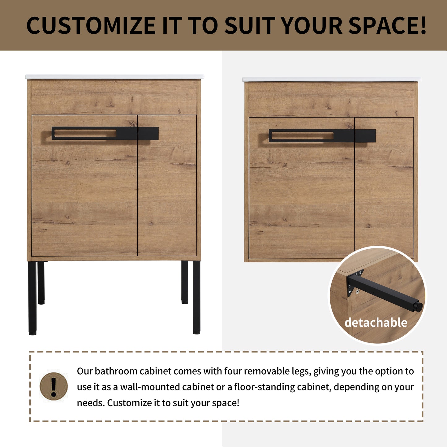 Wooden bathroom cabinet with black handles and removable legs for floor or wall mounting
