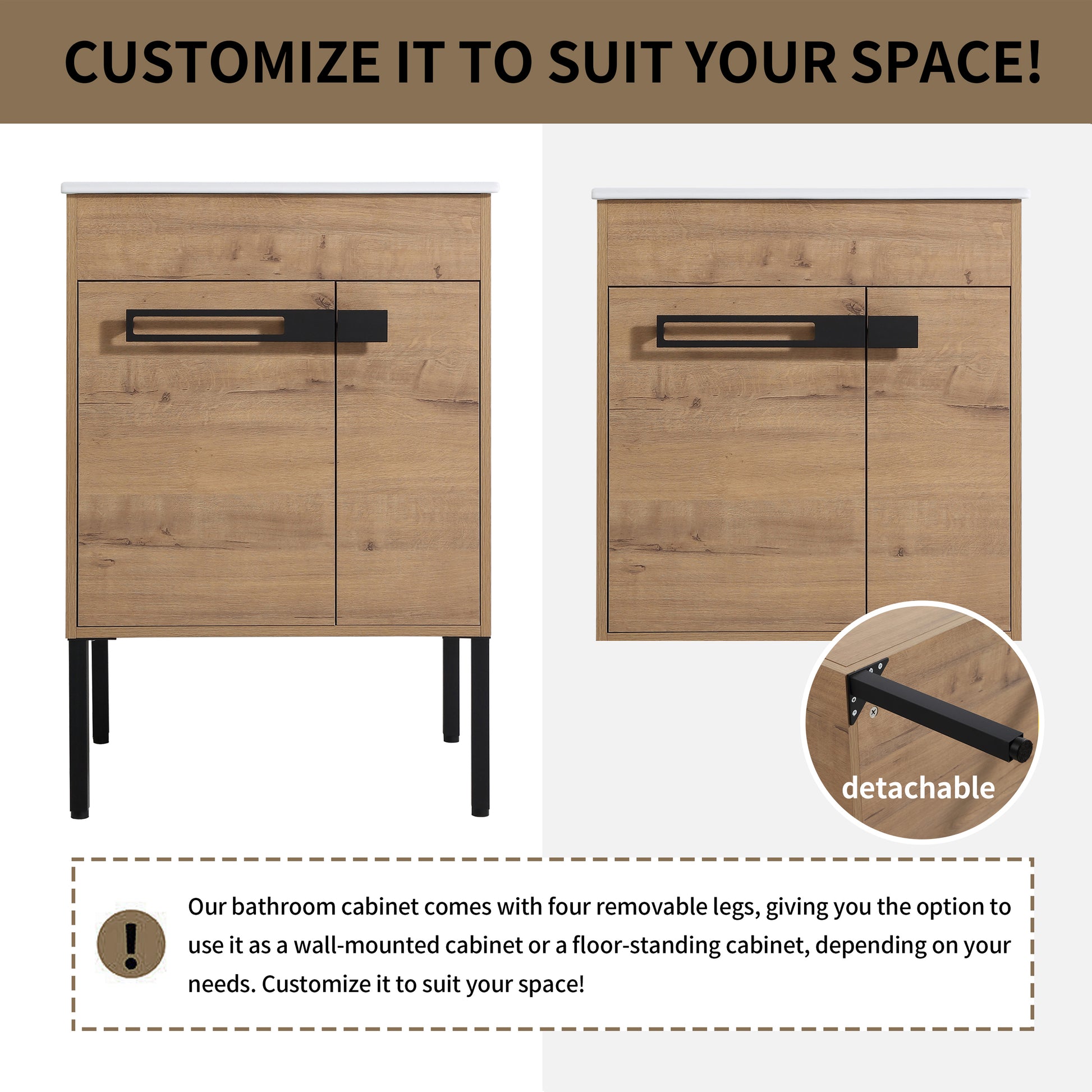 Wooden bathroom cabinet with black handles and removable legs for floor or wall mounting