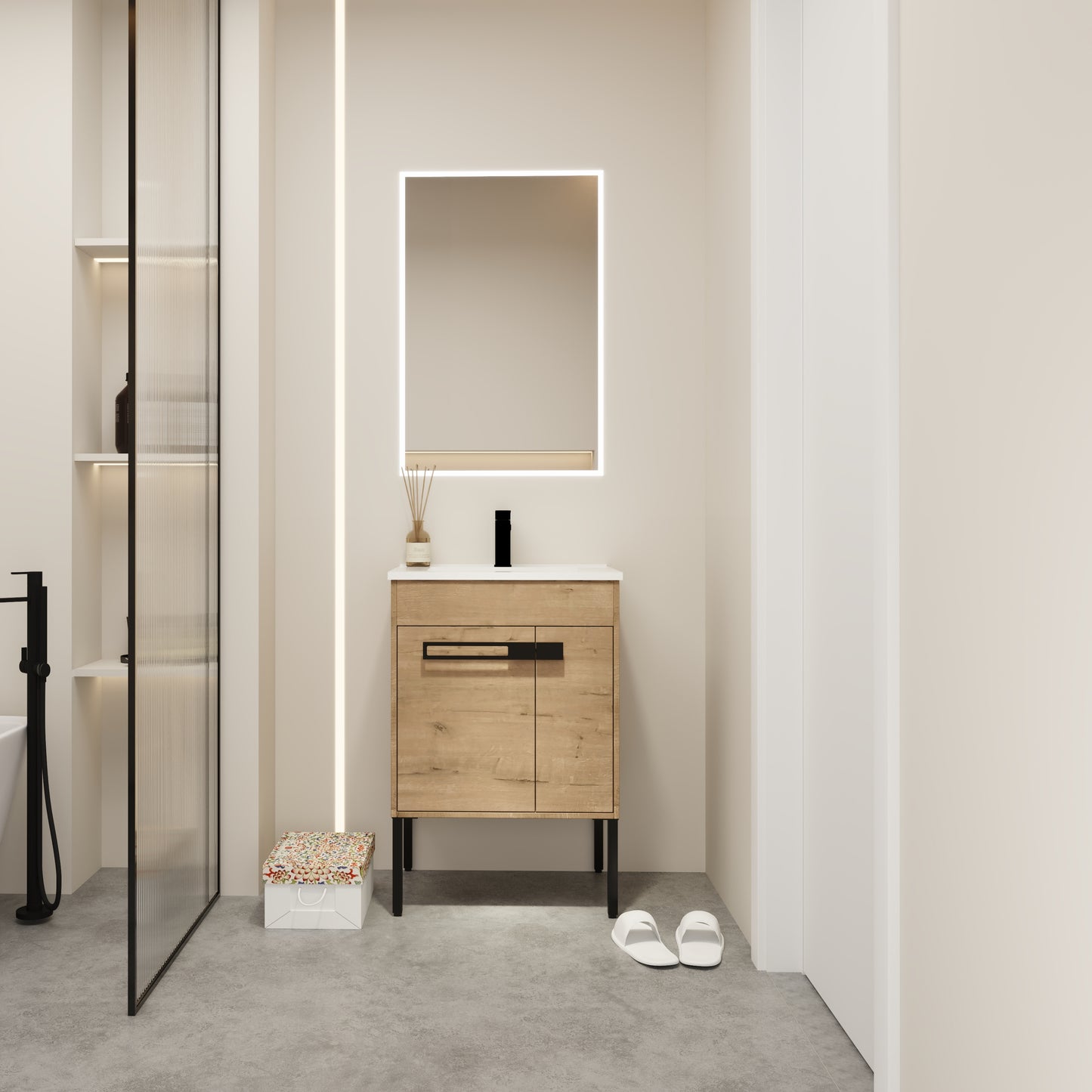 Modern wood bathroom vanity with black hardware white countertop and integrated sink