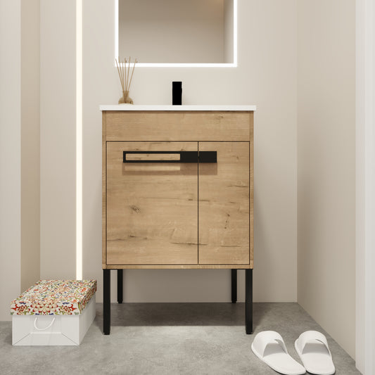 Modern light wood bathroom vanity with black hardware and integrated LED mirror