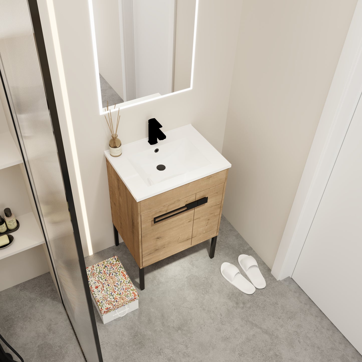 Modern oak veneer bathroom vanity with black hardware and integrated white sink