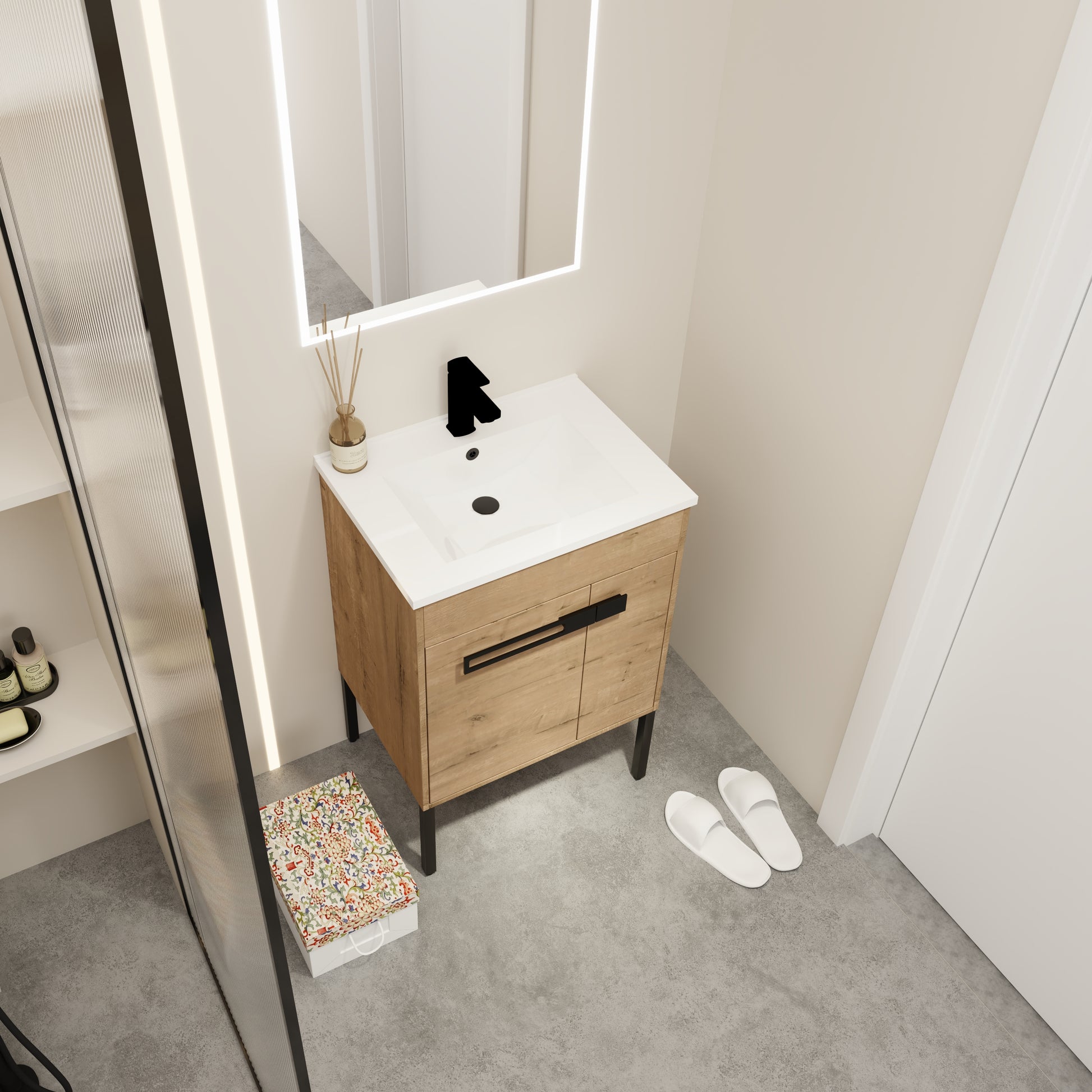 Modern oak veneer bathroom vanity with black hardware and integrated white sink