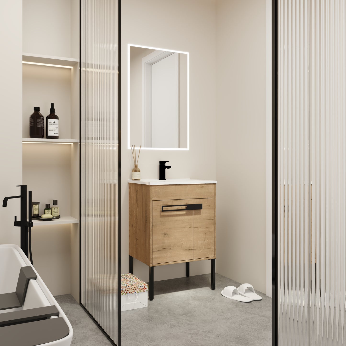 Light oak bathroom vanity with black hardware and metal legs modern design