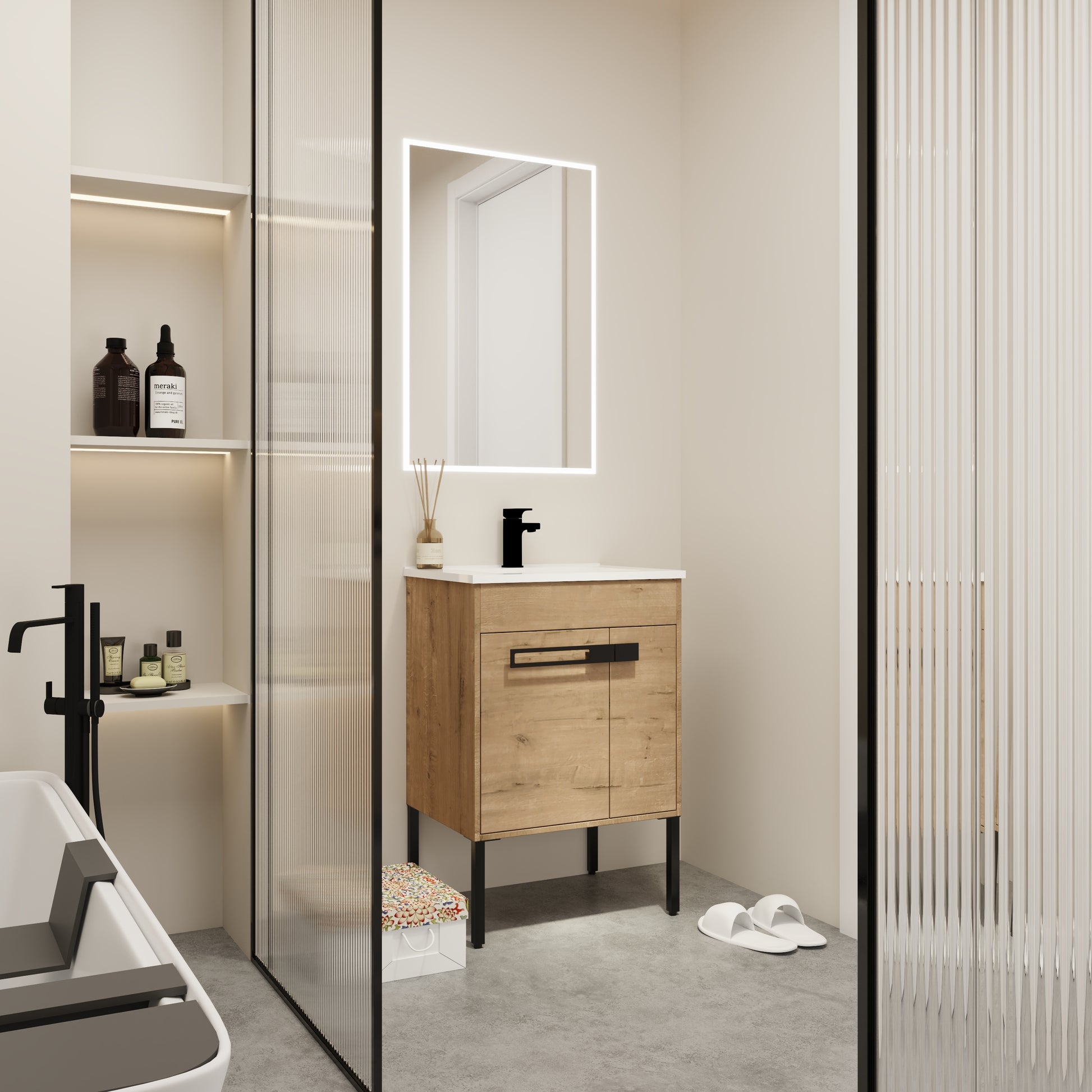 Light oak bathroom vanity with black hardware and metal legs modern design