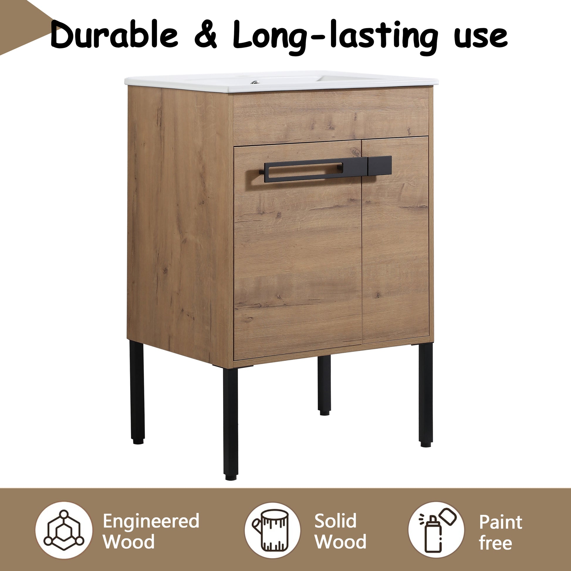 Light oak finished bathroom vanity with black metal legs and hardware