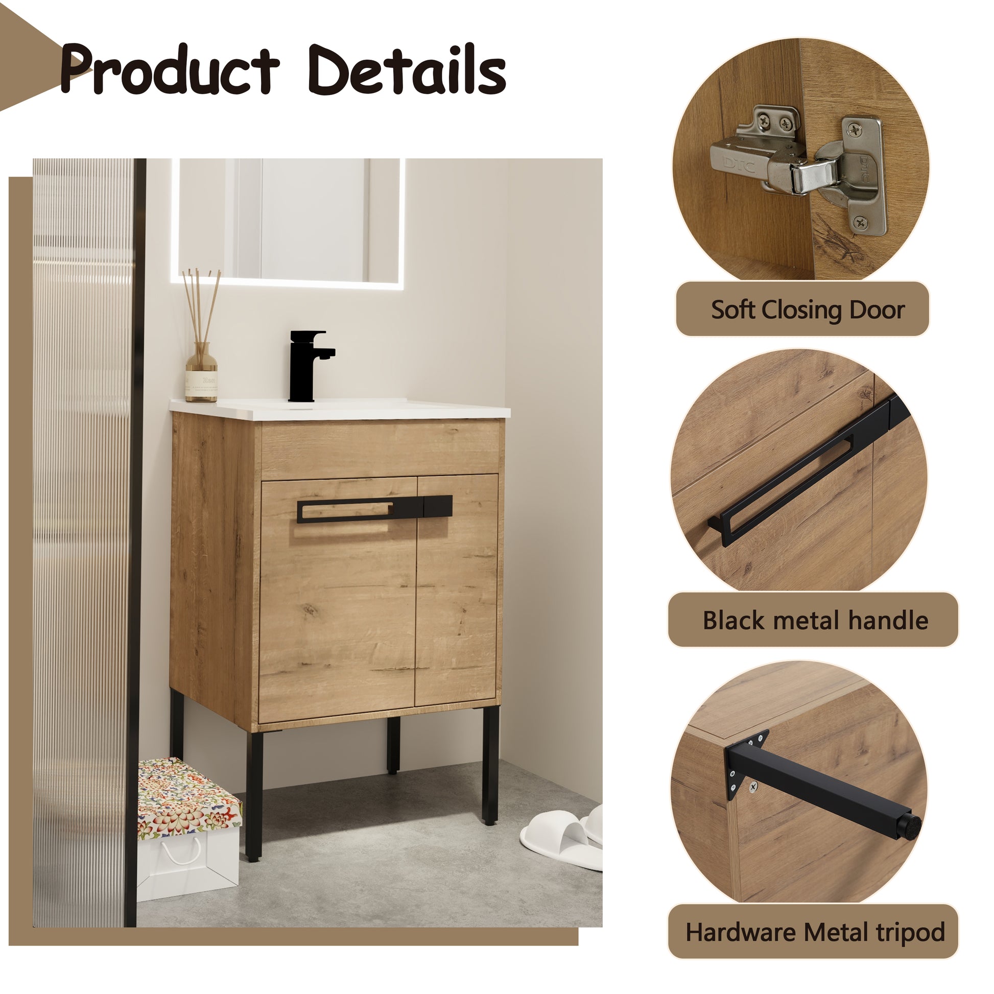 Modern oak vanity with black metal handles and softclose doors