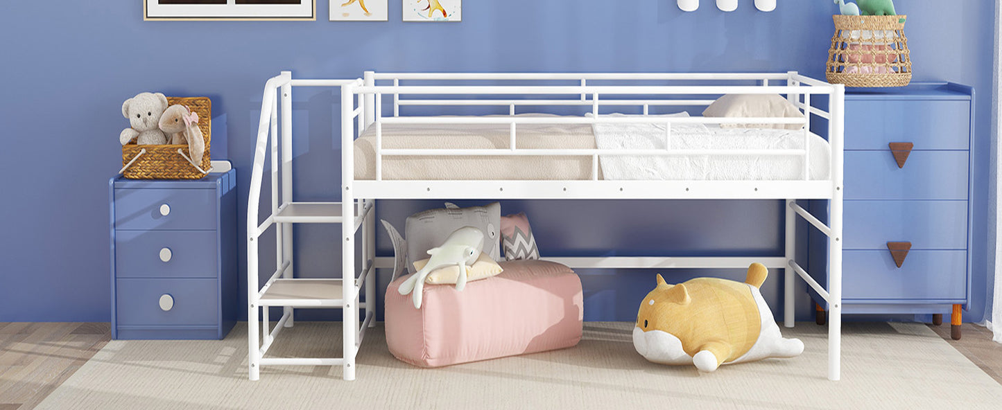 White metal loft bed with integrated ladder and safety rails perfect for childrens bedrooms