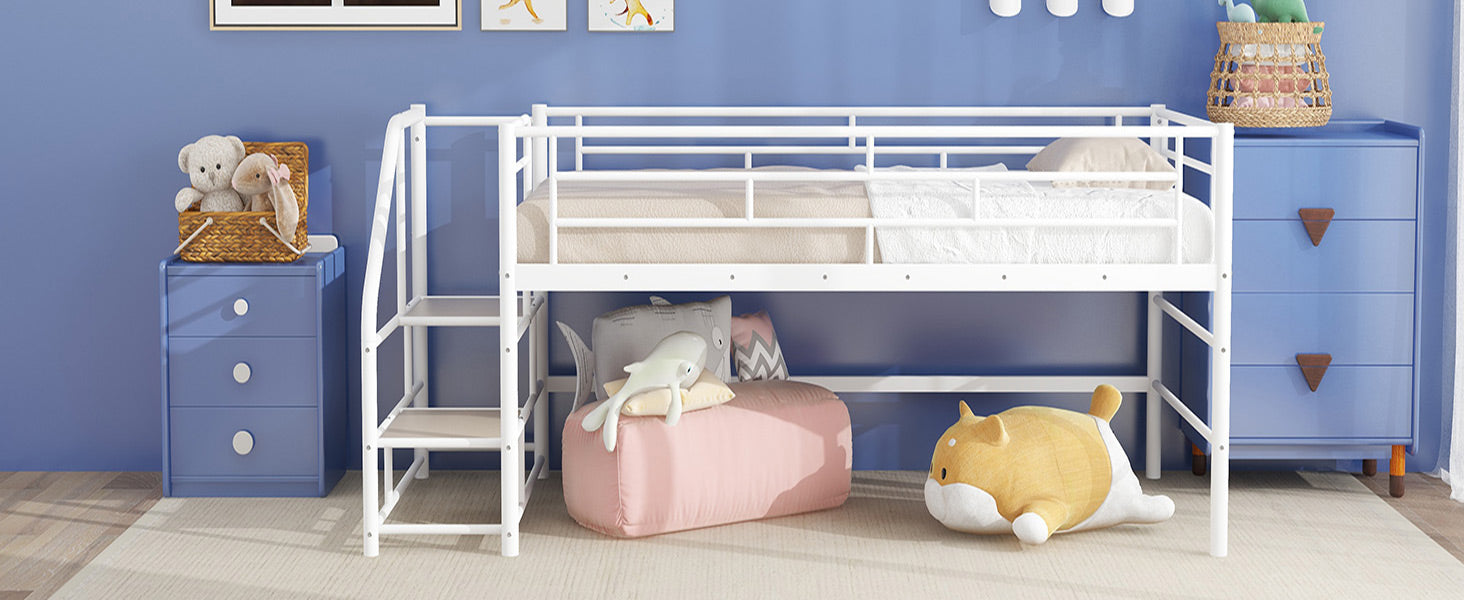 White metal loft bed with integrated ladder and safety rails perfect for childrens bedrooms