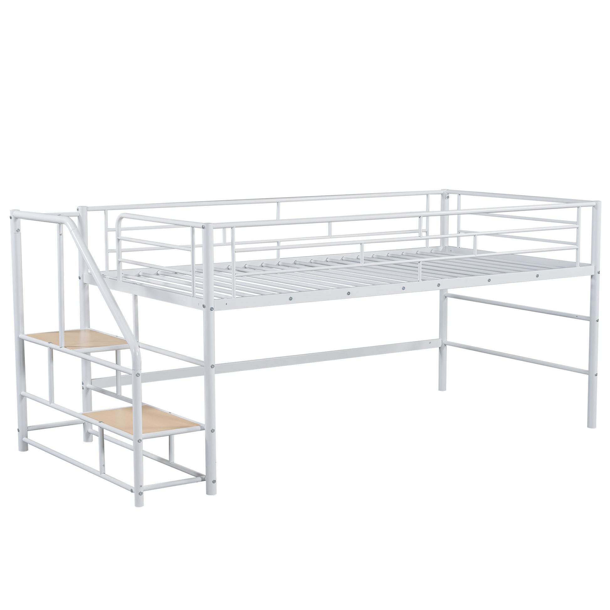 White metal loft bed with integrated ladder and wooden steps for kids