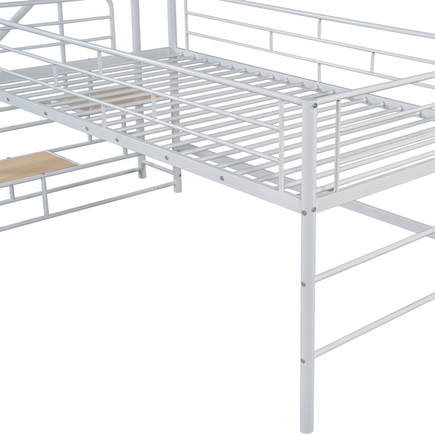 White metal bunk bed frame with slatted mattress support for durability