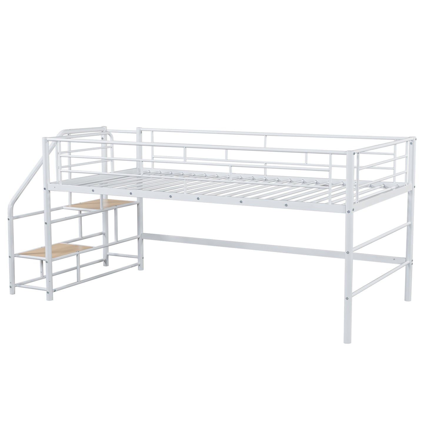 White metal twin loft bed with attached ladder featuring wooden steps for easy access