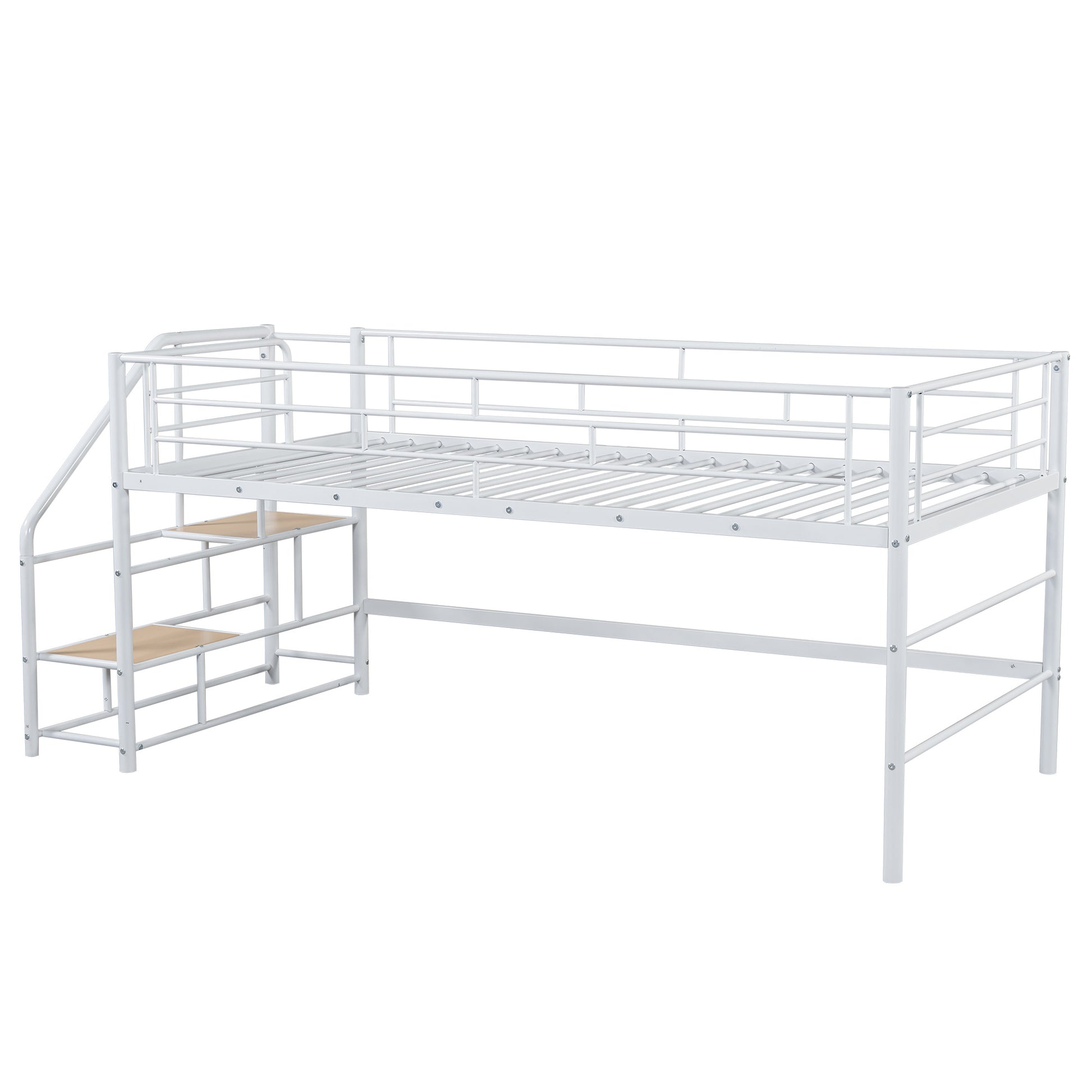 White metal twin loft bed with attached ladder featuring wooden steps for easy access