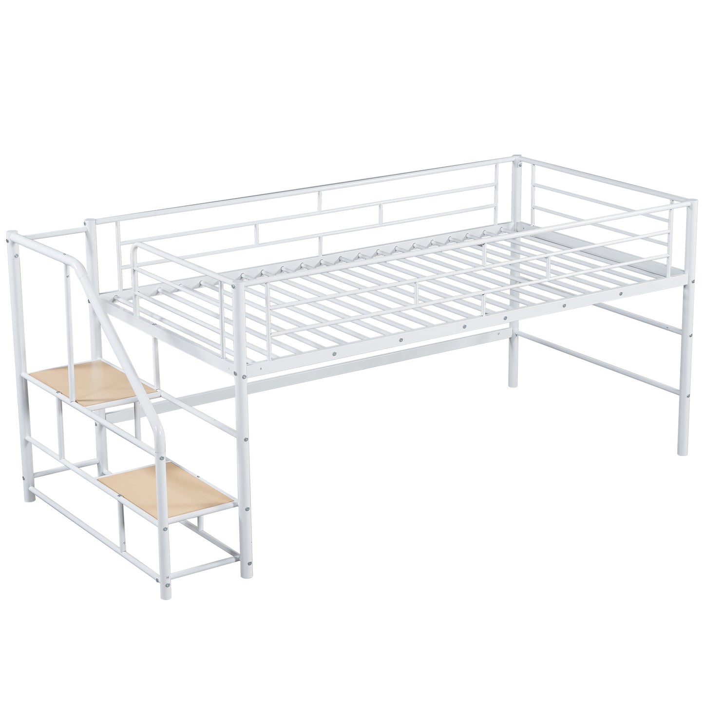 White metal loft bed with integrated ladder for spacesaving bedroom