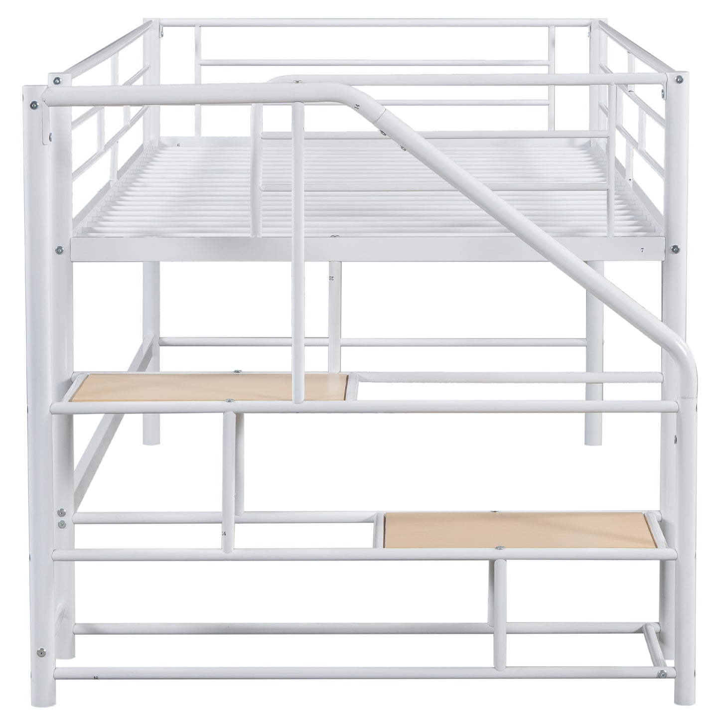 White metal bunk bed with integrated stairs and wood steps